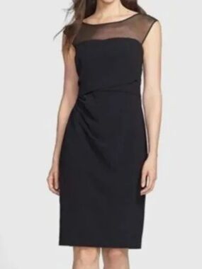 VERA WANG Black Mesh Neck Dress Ruched Side Classic Capsule Cocktail